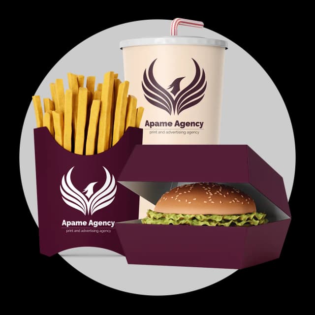 طراحی و چاپ بسته بندی رستورانی مناسب برندینگ چاپ لوگو و اطلاعات رستوران و کافه روی لیوان کاغذی، جعبه دستمال کاغذی، بگ کاغذی و زیر بشقابی